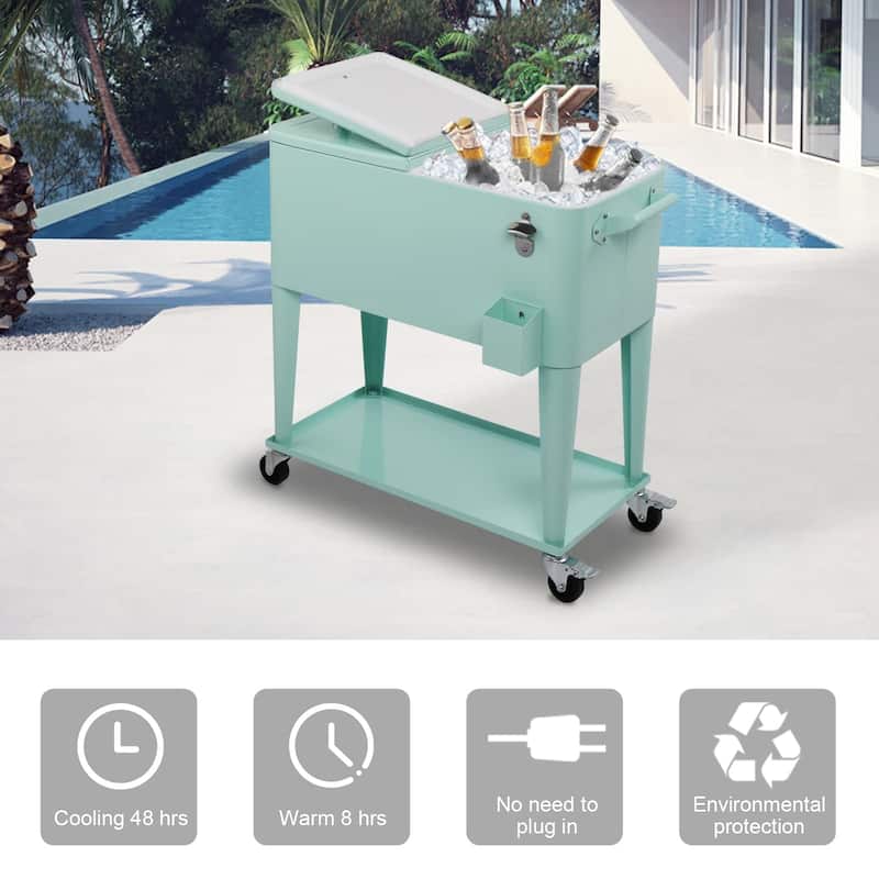 80 Quart Rolling Ice Chest on Wheels, Portable Patio Party Bar Drink ...