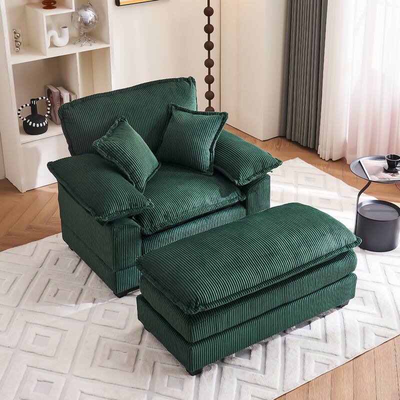 46.8Inch Corduroy single sofa With 2 toss pillows and a ottoman ,Comfy Sofa- Deep Seat Couch for Living Room - Green