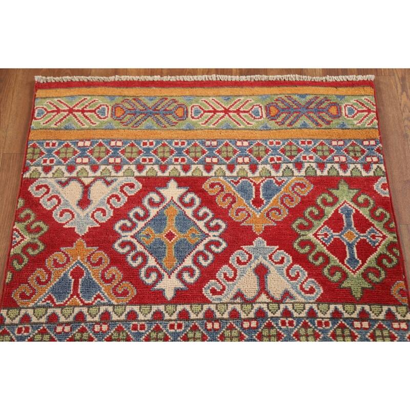 Hand Knotted Oriental 100% Wool Carpet Traditional All-Over Multi-Colored Kazak Runner Rug - 13' 10'' X 2' 6''