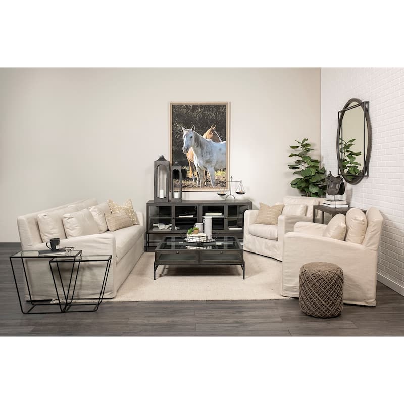 Denly Beige Fabric Slipcover w/ Double Stacked Back Cushions Sofa - 92.5"W x 38.2"D x 34.5"H