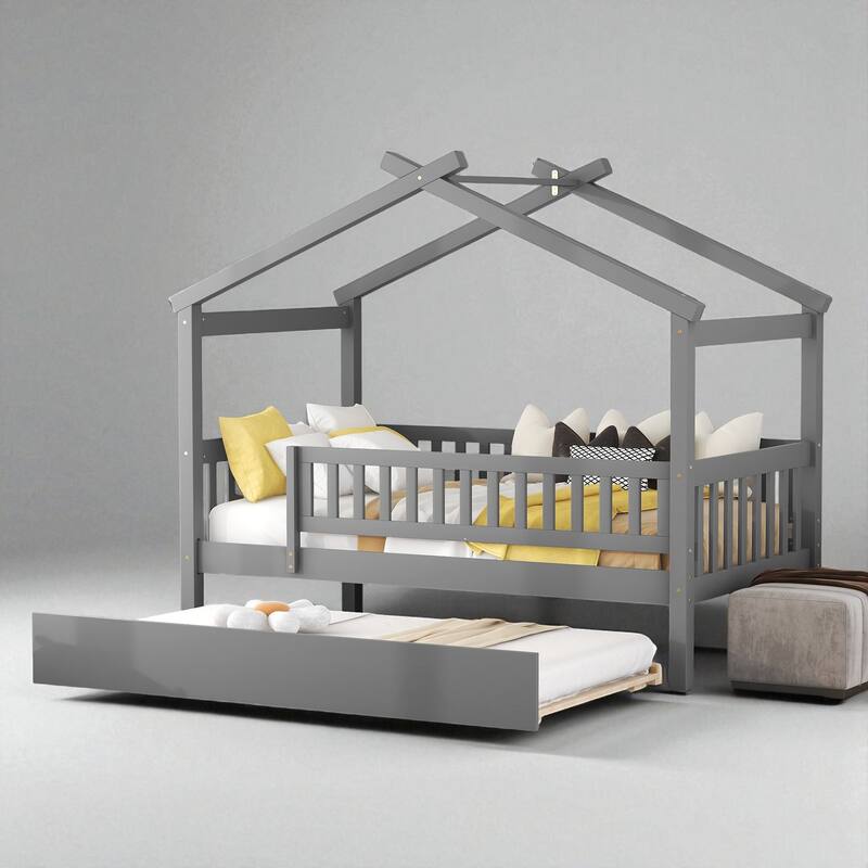 Twin Size Wooden House Bed with Trundle, Roof Design Platform Frame with Headboard for Kids, No Box Spring Needed - Grey - Twin
