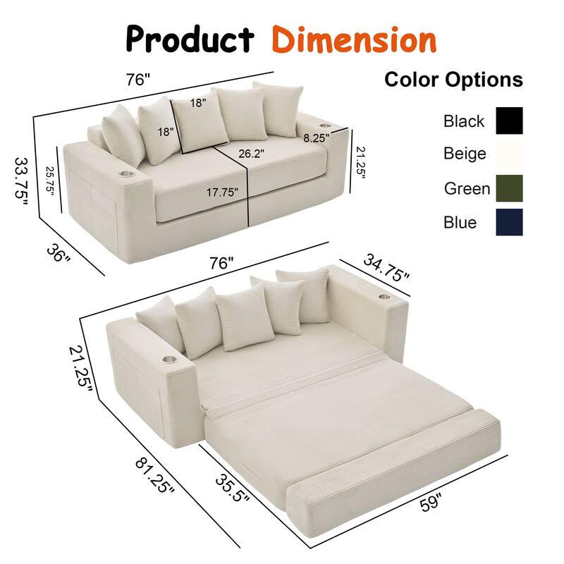 Convertible Sofa Bed, 76" Boneless Loveseat Couch 2 in 1 Foldable Floor Sofa Couch with 2 Cup Holders, Folding Sleeper Chair