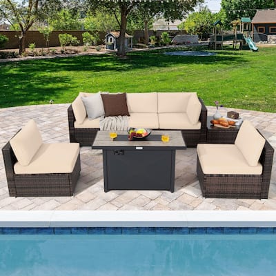 Gymax 7PCS Patio Rattan Furniture Set Fire Pit Table Cover Cushion
