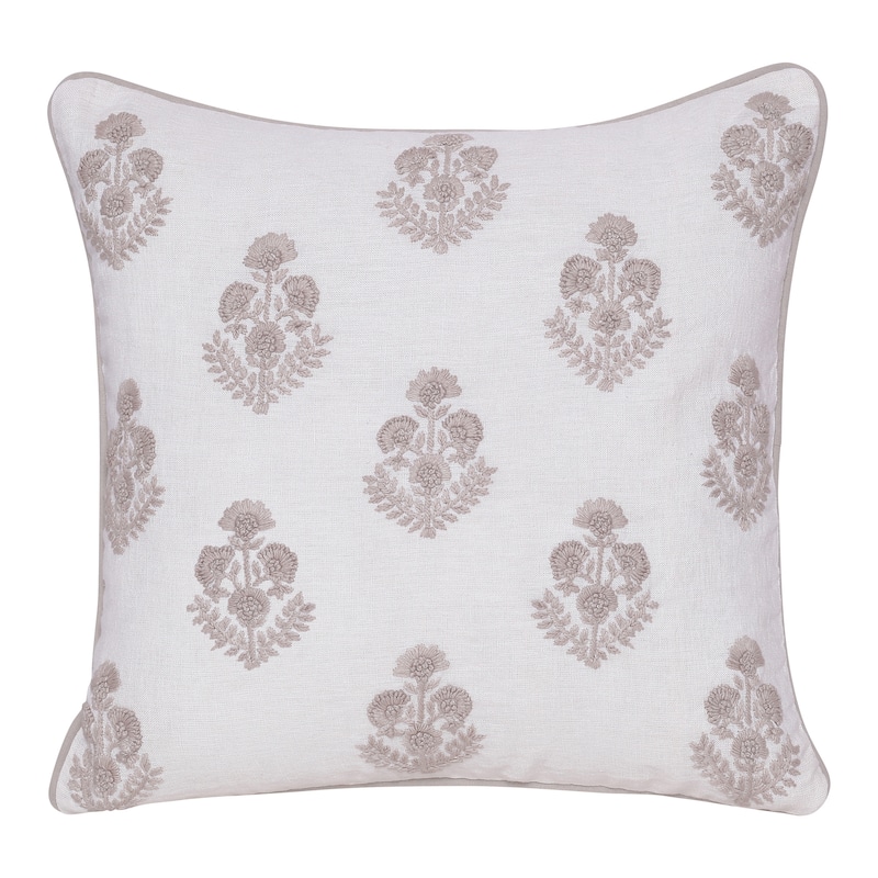 Sevita Hand-Woven Natural/Cream Floral Linen Throw Pillow, 20" x 20"