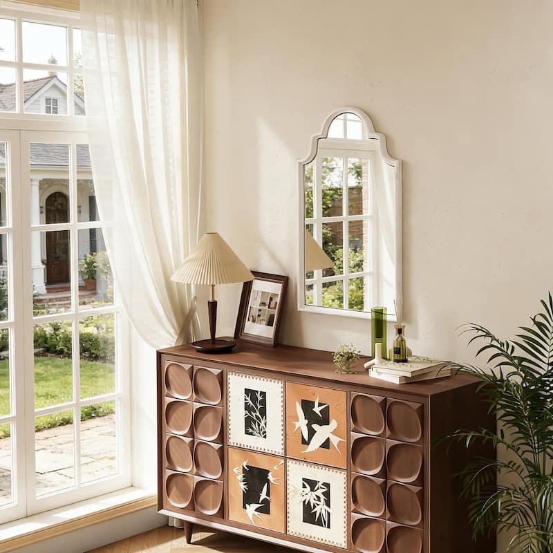 Farmhouse Distressed White Arch Wood Wall Mirror