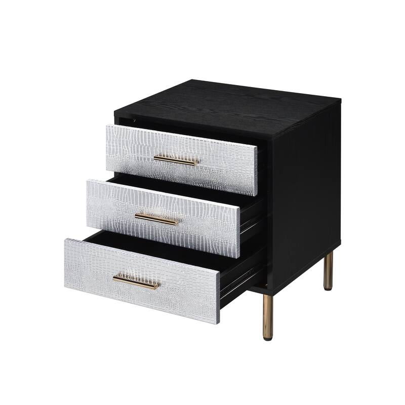 Black, Silver & Gold Finish Nightstand with Three Drawers and Metal Legs