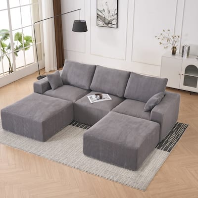 Unique 5 Seat Wood Frame Modular Sectional Sofa with 2 Pillows and 2 Ottomans