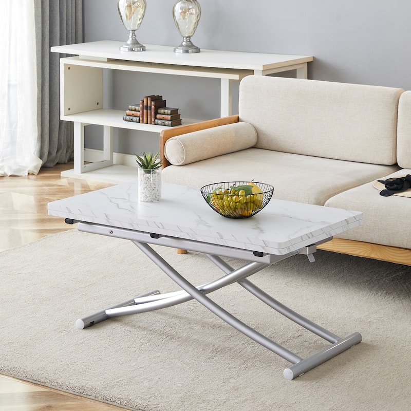 Roomfitters Lift Top Table with 0.8" MDF Surface and Silver Metal Legs, Modern Desk for Dining or Work Use, White+Silver