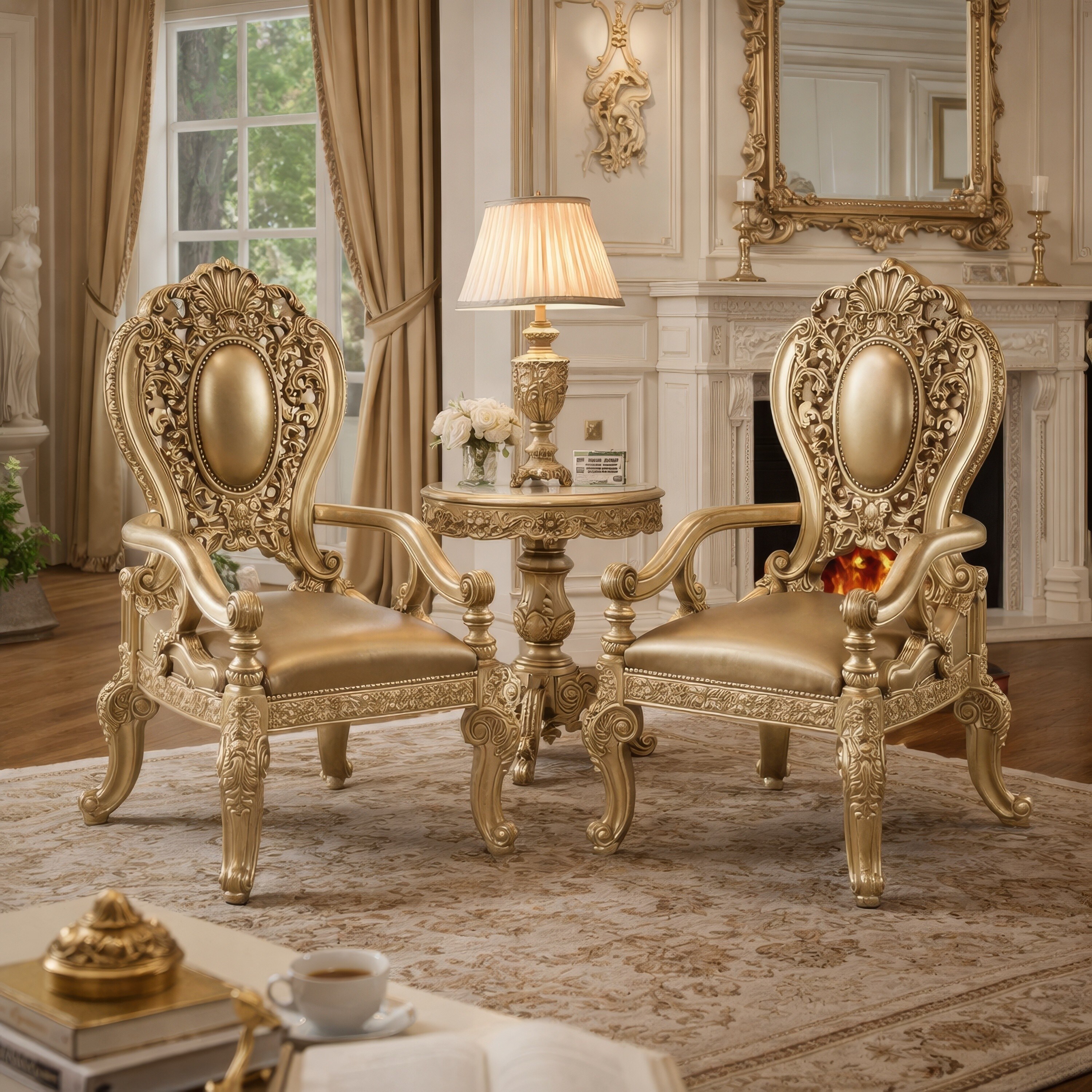 Armchair with Scrolled Crown Top Back and Ornate Motifs, Set of 2