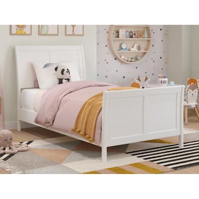 Solid Wood Sleigh Bed Frame Twin Low Profile Platform Bed with Footboard - White Finish