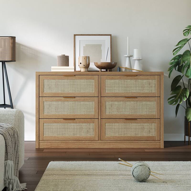 53" Rattan Dresser for Bedroom - 6-Drawer Boho Chest of Drawers, Large Storage Cabinet for Clothes, TV Stand