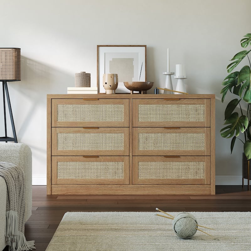 6/7-Drawer Dresser for Bedroom, Rattan Dresser Modern Wood Chest with Metal Handles - 6-drawer - Light Brown