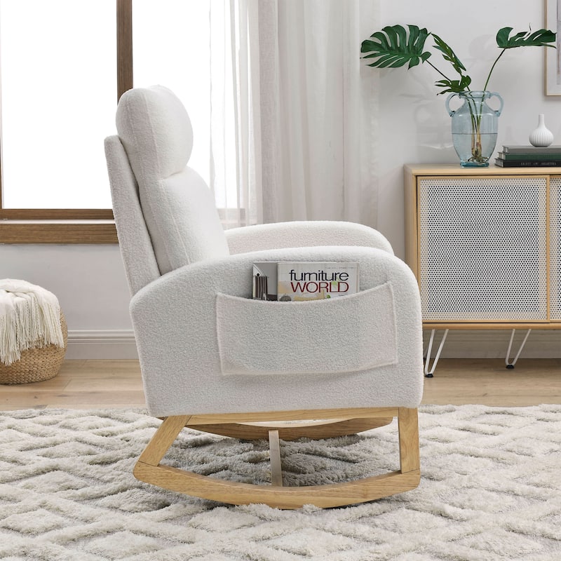 Roomfitters Modern Rocking Chair with High Back, Comfortable Armrests and Side Storage, Accent Lounge Chair for Living Room - Ivory