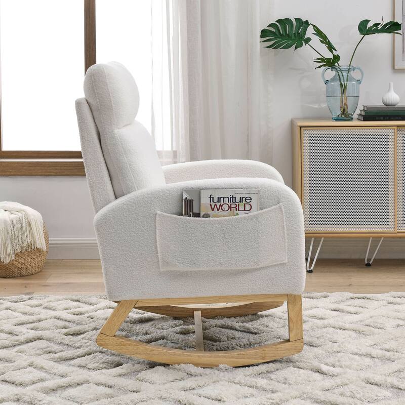 Teddy Fabric Rocking Chair with Side Pockets & High Back Support