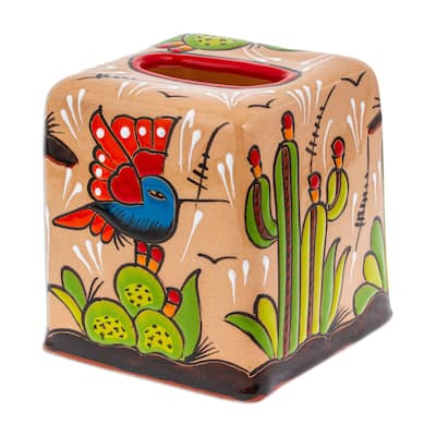 Novica Handmade Cactus Convenience Ceramic Tissue Box Cover