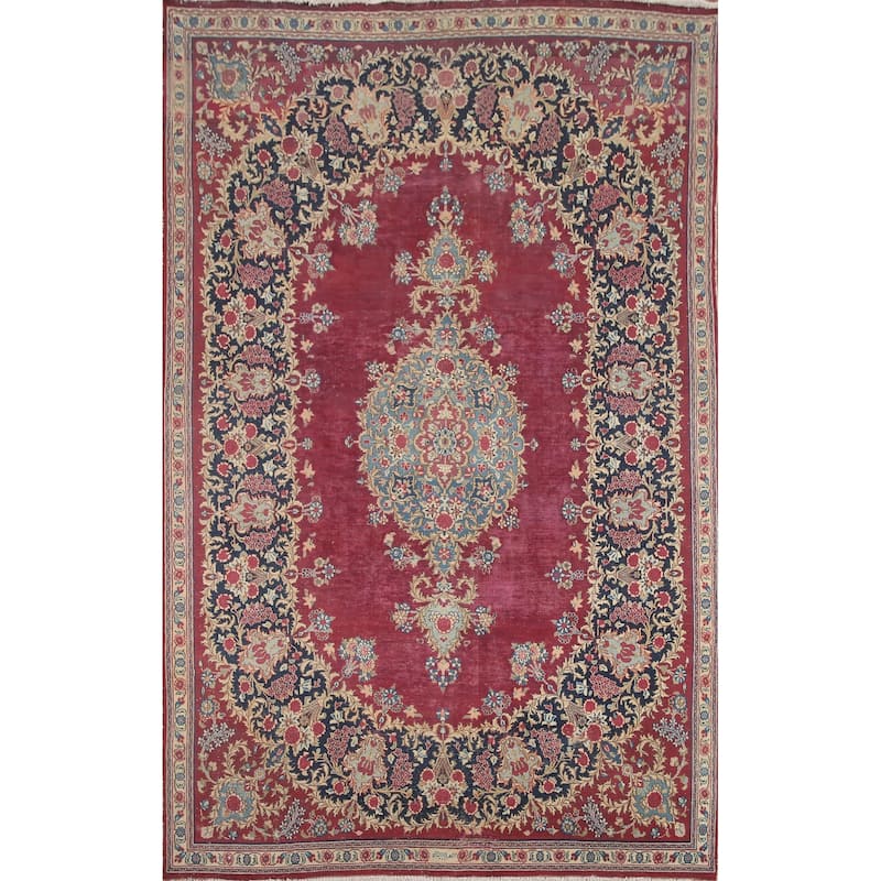 Hand Knotted Oriental 100% Wool Carpet Traditional Floral Pink Kerman Area Rug - 9' 8'' X 6' 8''