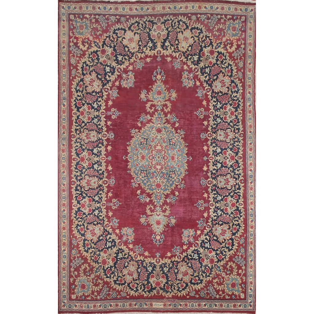 Hand Knotted Oriental 100% Wool Carpet Traditional Floral Pink Kerman Area Rug - 9' 8'' X 6' 8''
