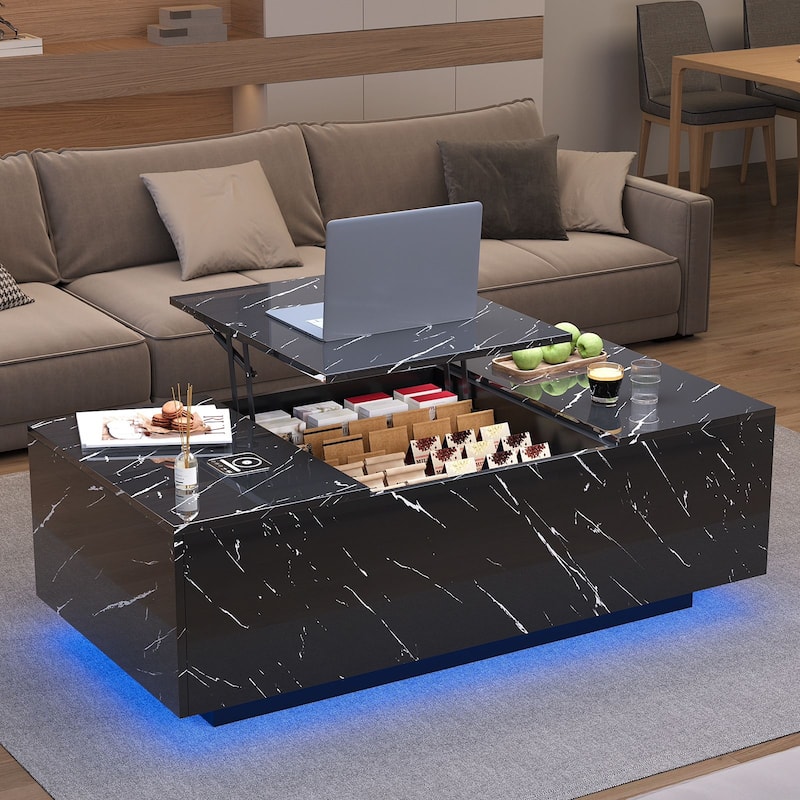 47.2" LED Lift Top Coffee Table with Wireless Charging & Bluetooth Speaker, Smart Storage Drawer, RGB Lights
