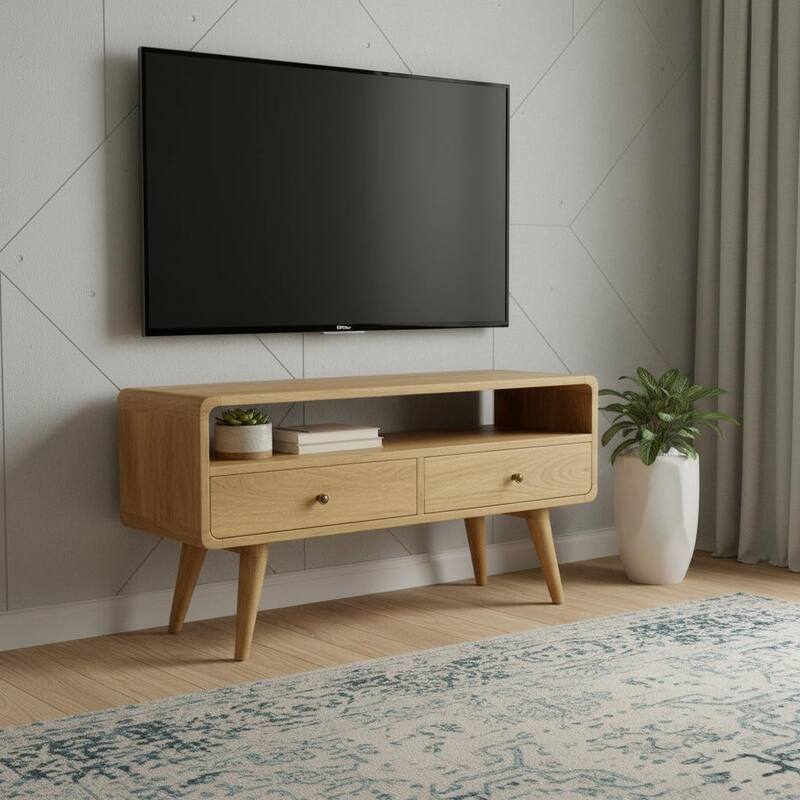 HomeRoots 35" Oak Solid Wood Enclosed and Open Storage TV Stand - 35.40 in. x 18.50 in. x 13.80 in. - Oak - 35.40 in. x 18.50 in.  x 13.80 in.