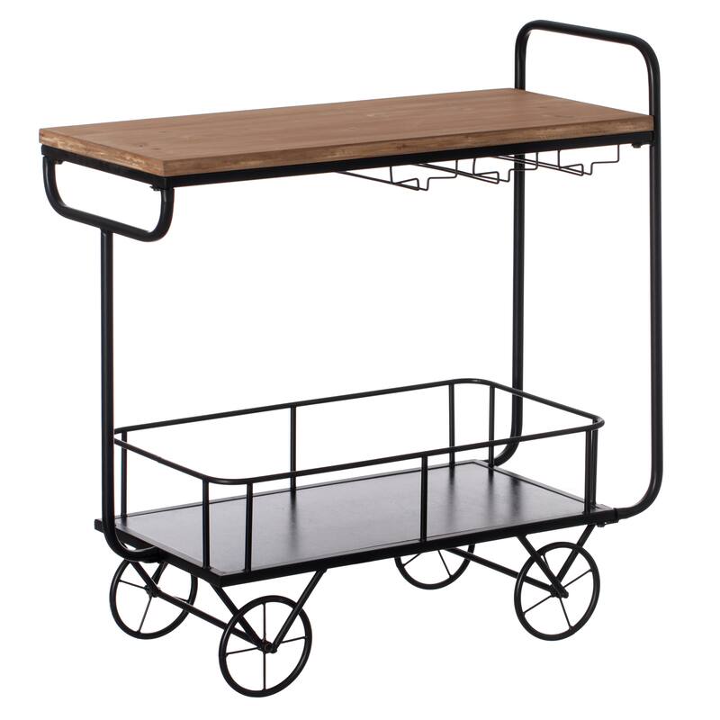 Metal Wine Bar Serving Cart with Rolling Wheels, Wine Rack, and Glass Holder