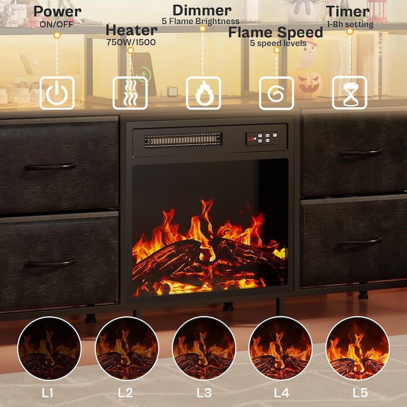 BOSSIN Fireplace TV Stand & Entertainment Center with LED Lights, 4 PU Leather Drawers, Open Shelves, and Built-in Power Outlets