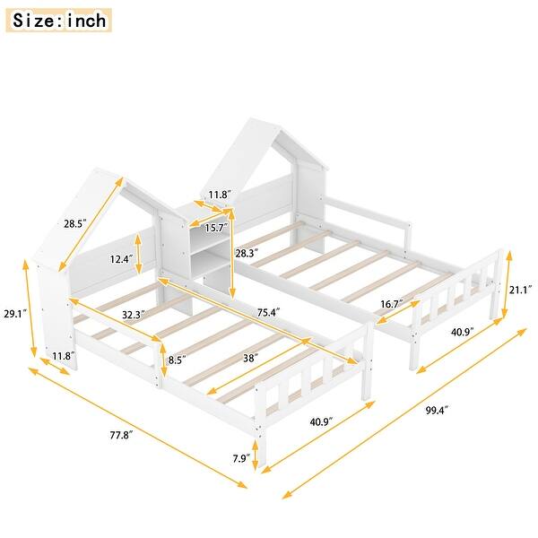 Double Twin Size Platform Kids Bed Frame with House-Shaped Headboard and Built-in Nightstand, No Box Spring Required, White