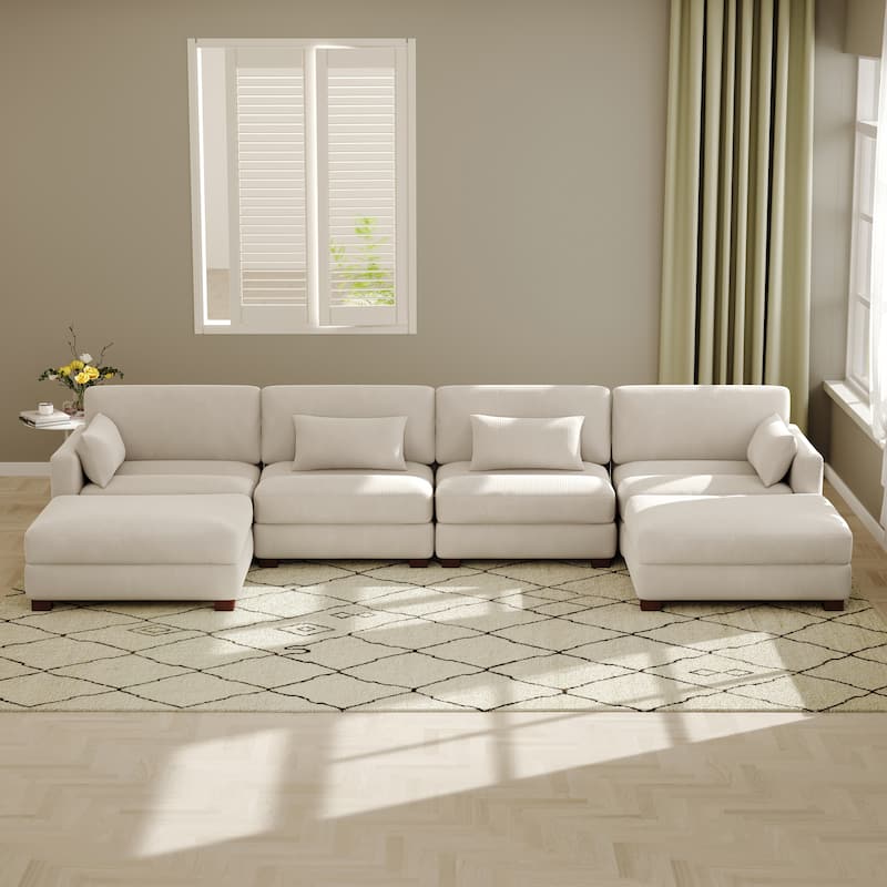 Modern Corduroy Modular Couch Sectional Sofa With Pillows - Sea Salt Grey U-Shaped Sofa - Symmetrical