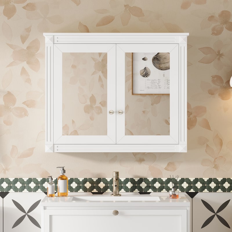 36" x 28" Medicine Cabinet, Wall Mounted Bathroom Storage Cabinet, Modern Bathroom Wall Cabinet with 2 Mirrors - White