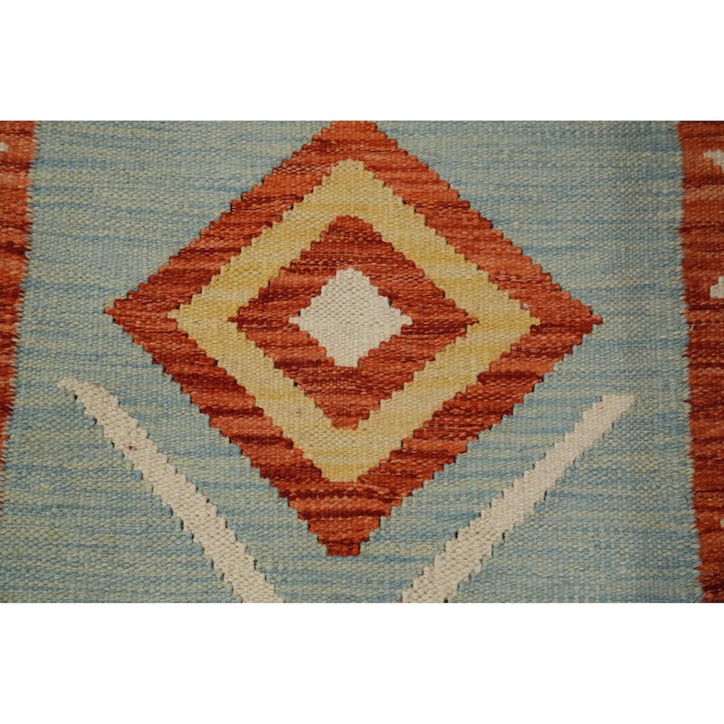Hand Woven Oriental 100% Wool Carpet Southwestern Tribal Navy Blue & Blues Kilim Runner Rug - 8' 2'' X 2' 0''