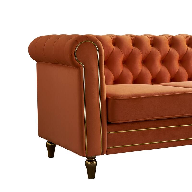 Velvet Chesterfield Sofa, 3-Seater with Rolled Arms, Tufted Back, Metal Legs for Living Room