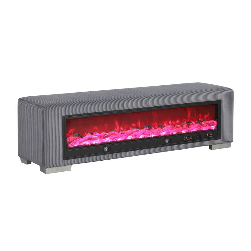 Furniture of America Goffney Chenille Bench with Fireplace Simulator and Bluetooth Audio