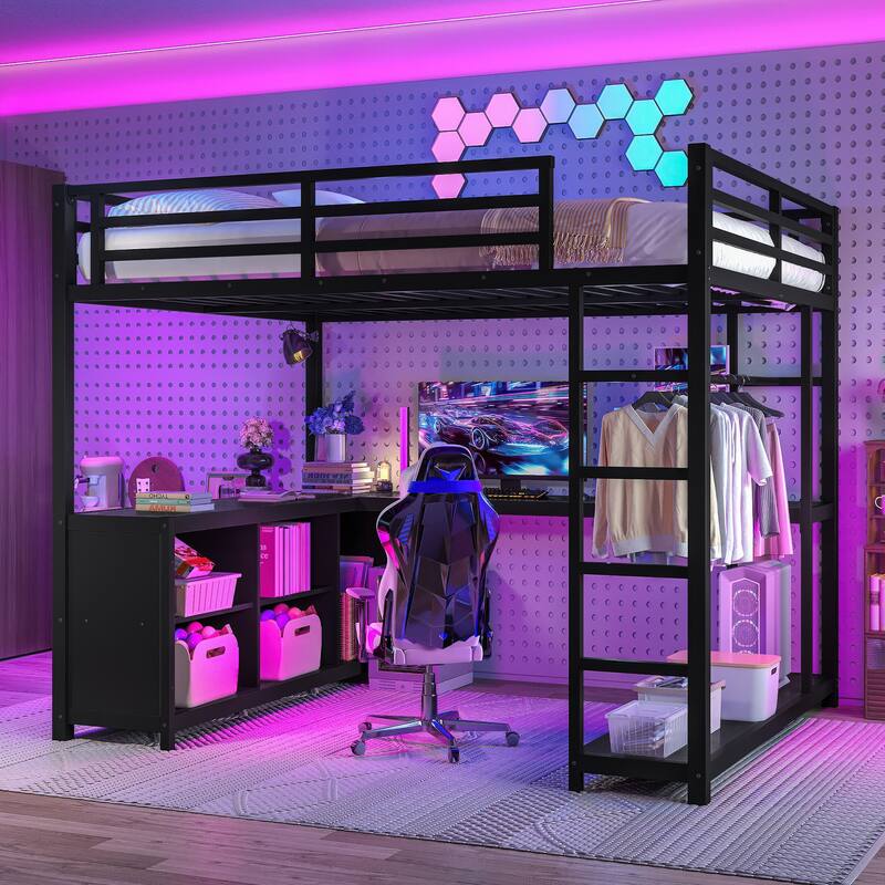Full Size Metal Loft Bed with Wardrobe & L-shaped Desk with Storage Cubes and Shelves for Kids Teens Adults, Black - Queen