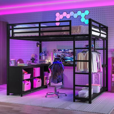 Metal Loft Bed with Wardrobe and L-shaped Desk, Queen Size Loft Bed with Storage Cubes and Shelves