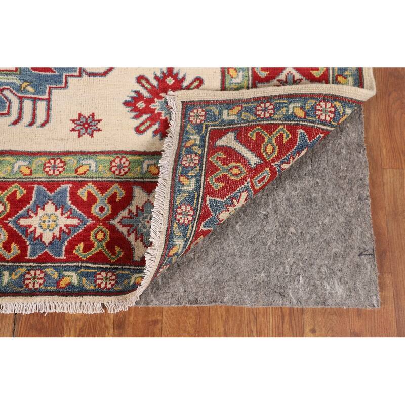 Ivory Kazak Oriental Area Rug Hand-Knotted Geometric Wool Carpet - 5'1" x 6'7"