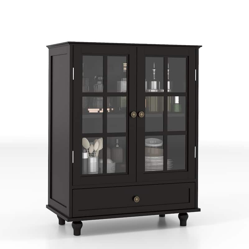 A Minimalist Buffet Cabinet with Double Glass Doors and a Drawer, Offering Modern Wooden Storage Solutions .