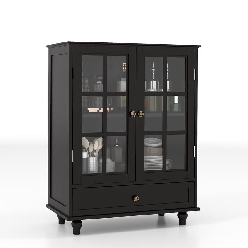 Accent Cabinet with Glass Doors and Drawers, Wooden Buffet and Sideboard Cupboard with Storage
