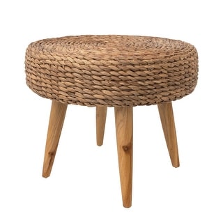 Hand-Woven Water Hyacinth and Teakwood Stool