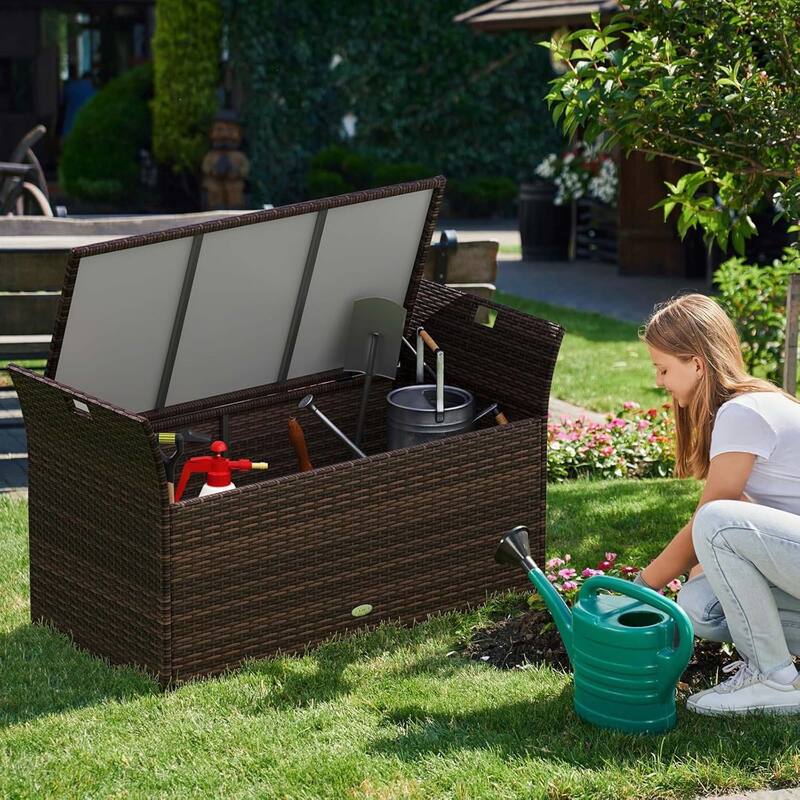 Outdoor Storage Bench Patio 68 Gallon Rattan Deck Box w/ Cushion