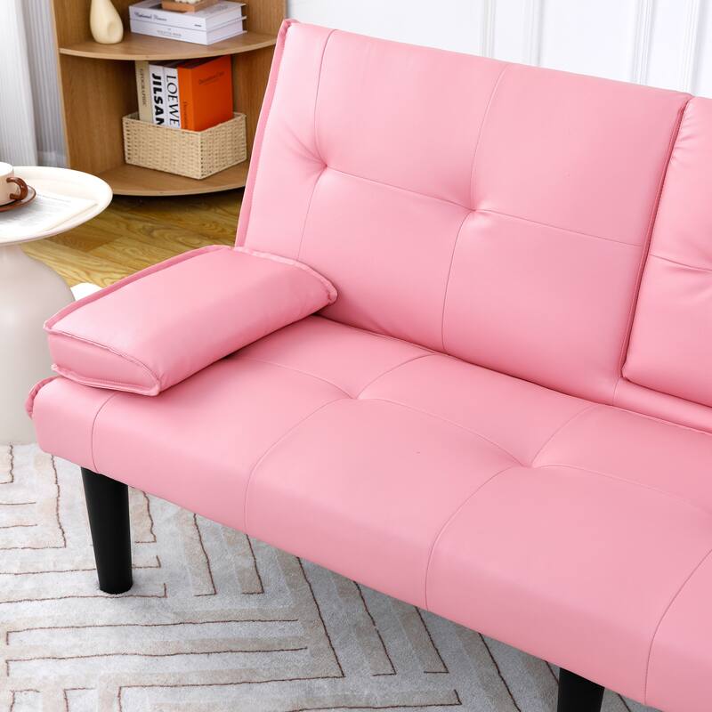 The 67-inch black PVC multi-functional sofa bed with a foldable and cup holder design