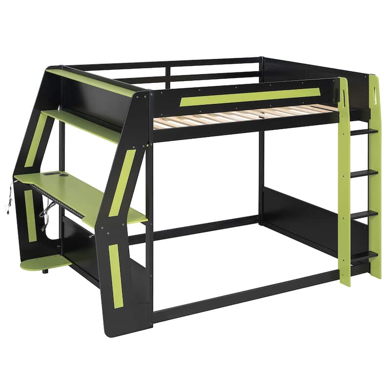 Gaming Loft Bed with Desk LED USb Shelf Full Size