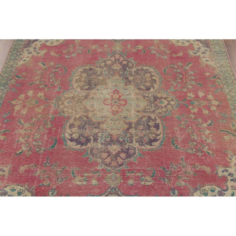 Pink Tabriz Persian Antique Area Rug Handmade Wool Carpet - 7'5"x 10'1"