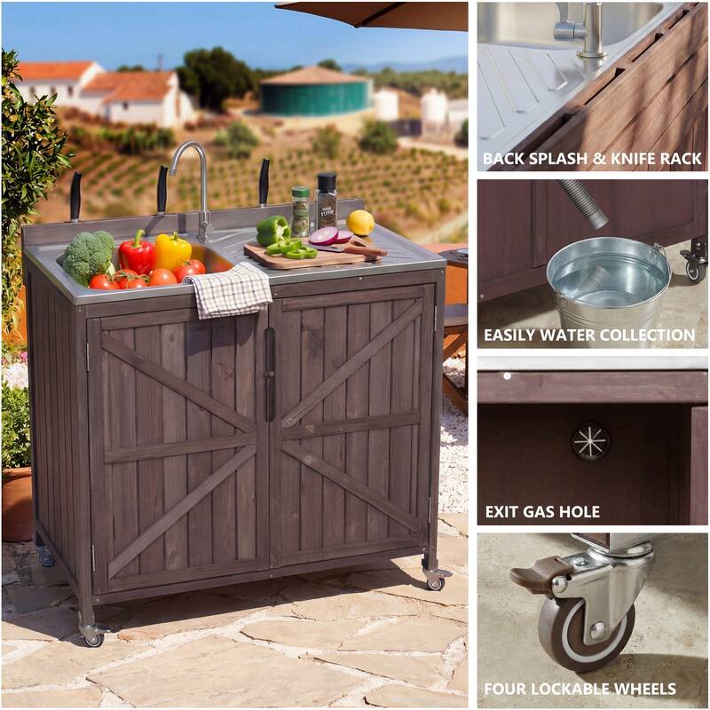 39.4" Outdoor Kitchen Island with 304 Stainless Steel Sink, Faucet & Storage Cabinet