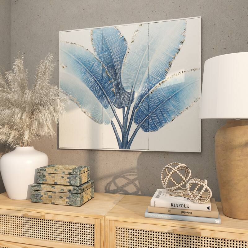 Blue Metal Leaf Palm Tree Home Wall Decor with Gold Foil Accents and White Speckled Details