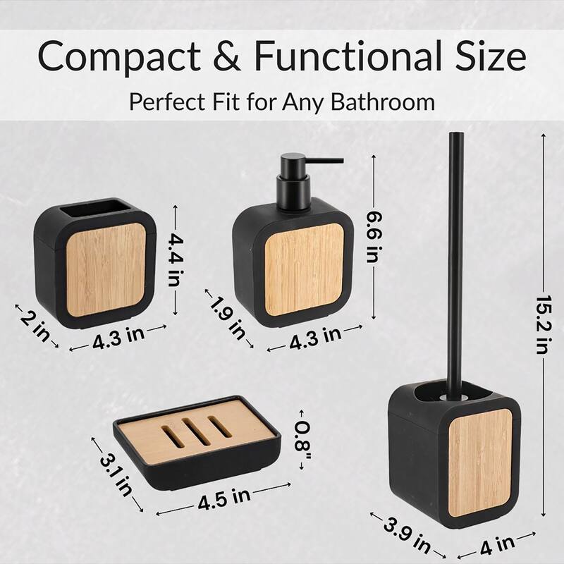 4-Piece Bathroom Accessory Set Rubber and Wood - 4 L x 3.9 W x 15.2 H