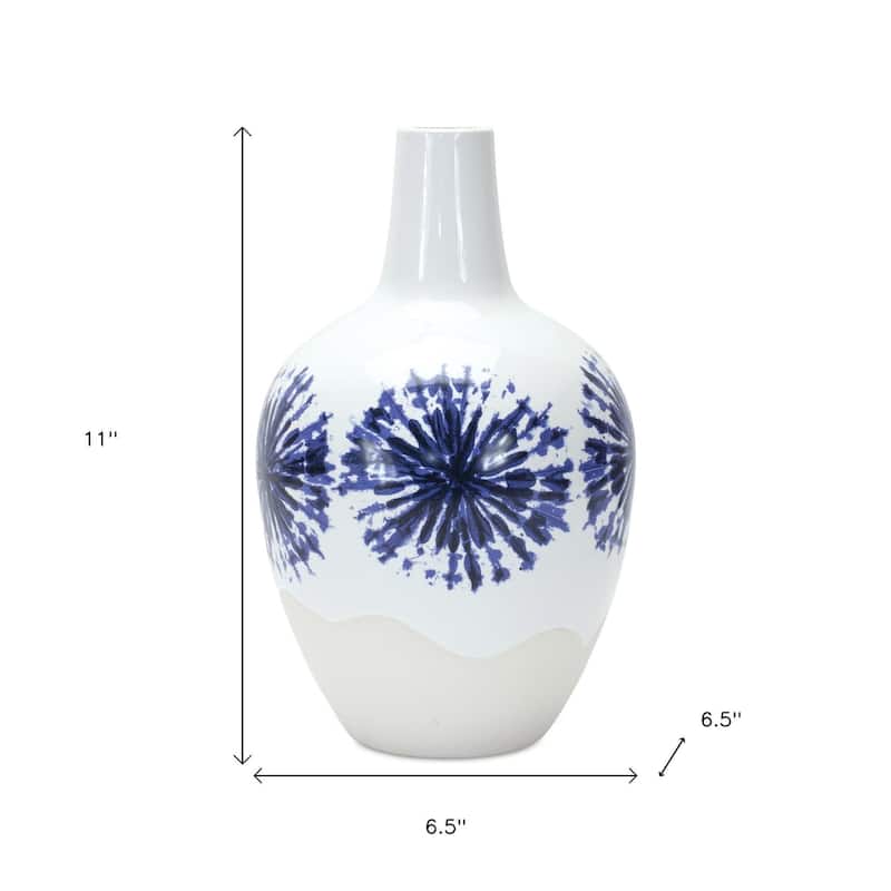 11" White And Blue Geometric Medallion Ceramic Urn Vase - 6.50