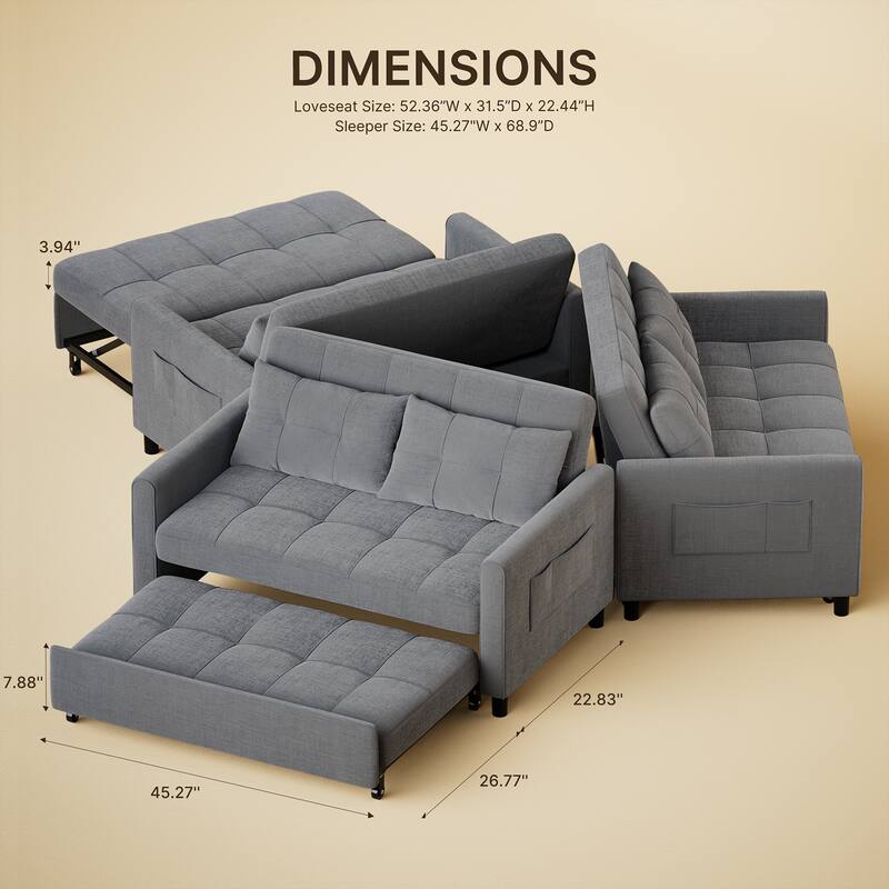 3 in 1 Convertible Sleeper Loveseat Couch, Futon Sofa Bed with Pull-Out Bed & Adjustable Backrest