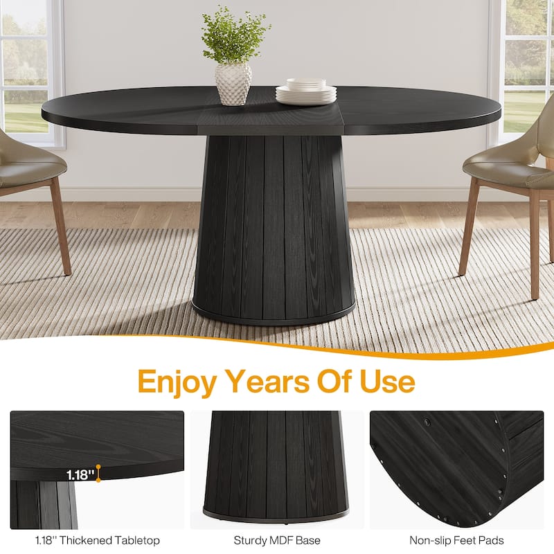 Brown Finish Manufactured Wood 6-Person Dining Table with Polygonal Cylinder Wooden Base - 55.11"L x 39.37"W x 29.92"H