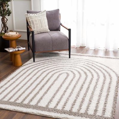 Hauteloom Jola Living Room, Bedroom Area Rug - Plush Pile - Bone, Taupe, Cloud Gray - 6'7" x 9'
