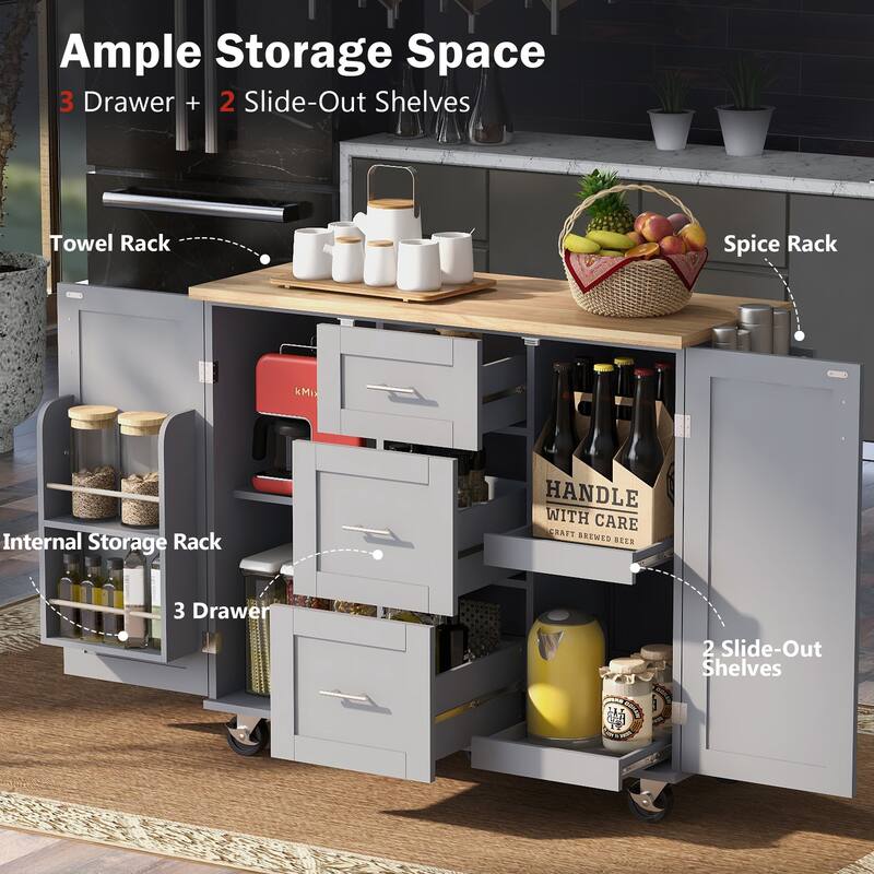Kitchen Island with 2 Slide-Out Shelf and Internal Storage Rack