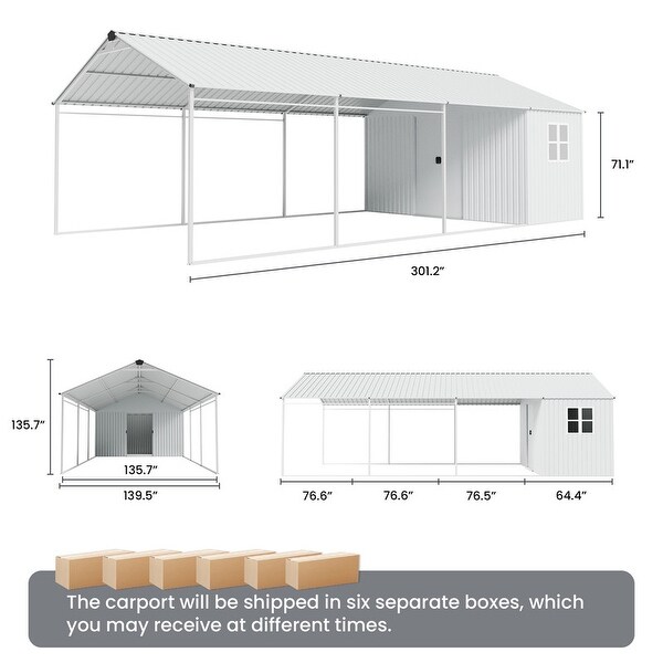 COSIEST 12x25 ft Metal Carport with Storage Shed, Heavy-Duty 2-in